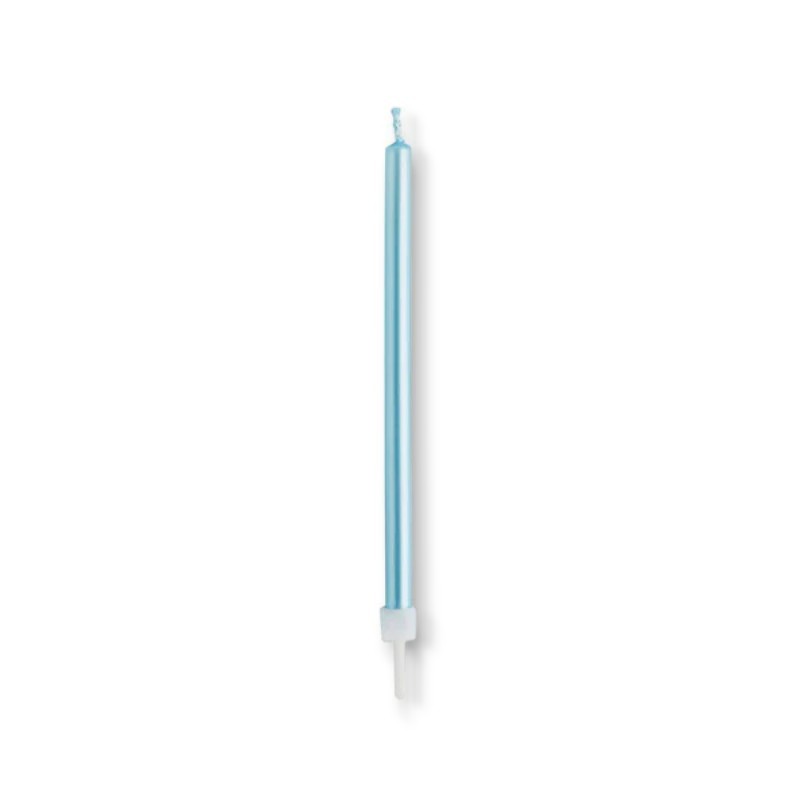 Vela delgada de cumpleaños color azul metálico de PartyStore con base blanca para pastel