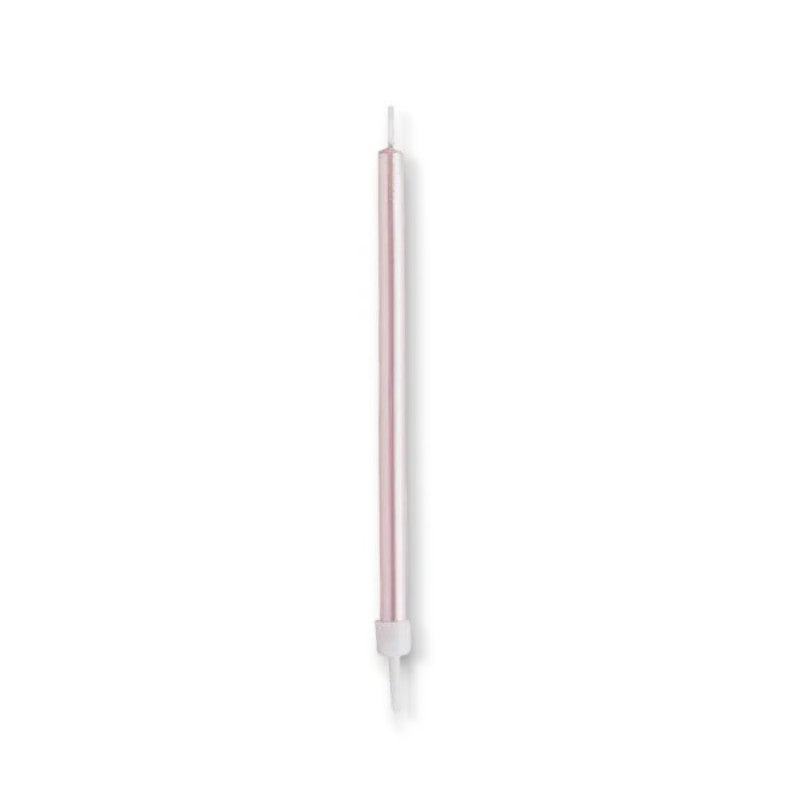 Vela delgada de color rosa metalizado para pastel de PartyStore, ideal para celebraciones y cumpleaños.
