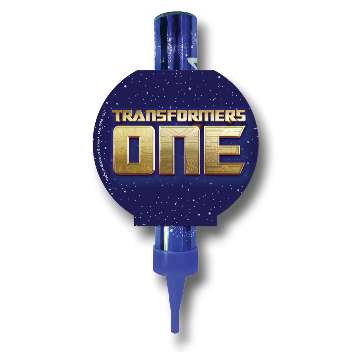 Vela mágica PartyStore de Transformers One con diseño circular azul y logo dorado para pastel de cumpleaños