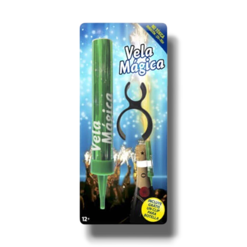 Vela mágica PartyStore de color verde con clip para botella, ideal para celebraciones y pasteles.
