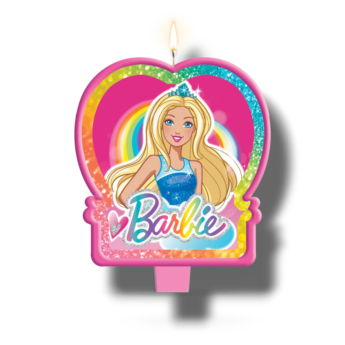 Vela de cumpleaños PartyStore con diseño de medallón de Barbie, color rosa brillante con arcoíris y purpurina
