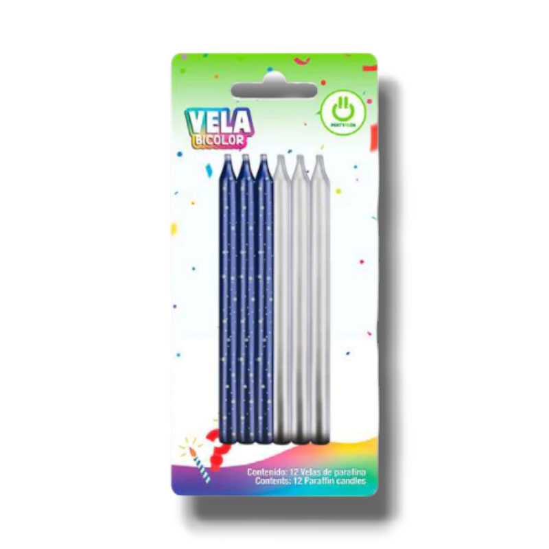 Paquete de 12 velas PartyStore bicolor en azul y plata con diseño de puntos para decoración de pasteles de fiesta