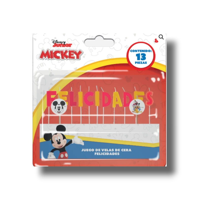 Set de 13 velas de cumpleaños PartyStore con letras de colores que forman Felicidades y figuras de Mickey Mouse