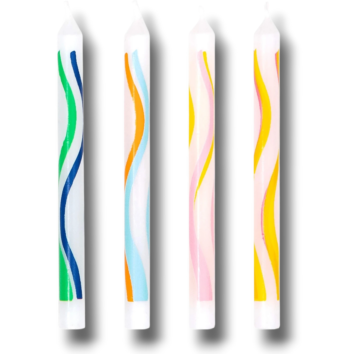 Velas de cumpleaños PartyStore con diseño de ondas multicolores sobre fondo blanco, set de 20 unidades.