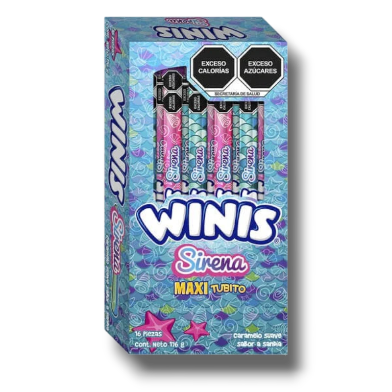 Caja de dulces Winis Maxi Tubo Sirena de PartyStore con 16 piezas de caramelo suave sabor sandía en empaque temático